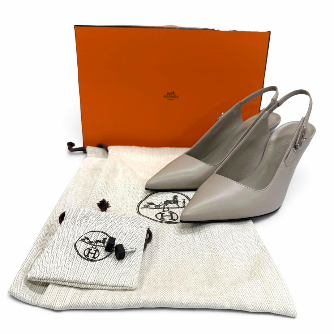 未使用品☆HERMES エルメス ラヴァー 80 シルバー金具 ケリーバックル レザー パンプス グレー IT 36.5 イタリア製 箱・保存袋付き