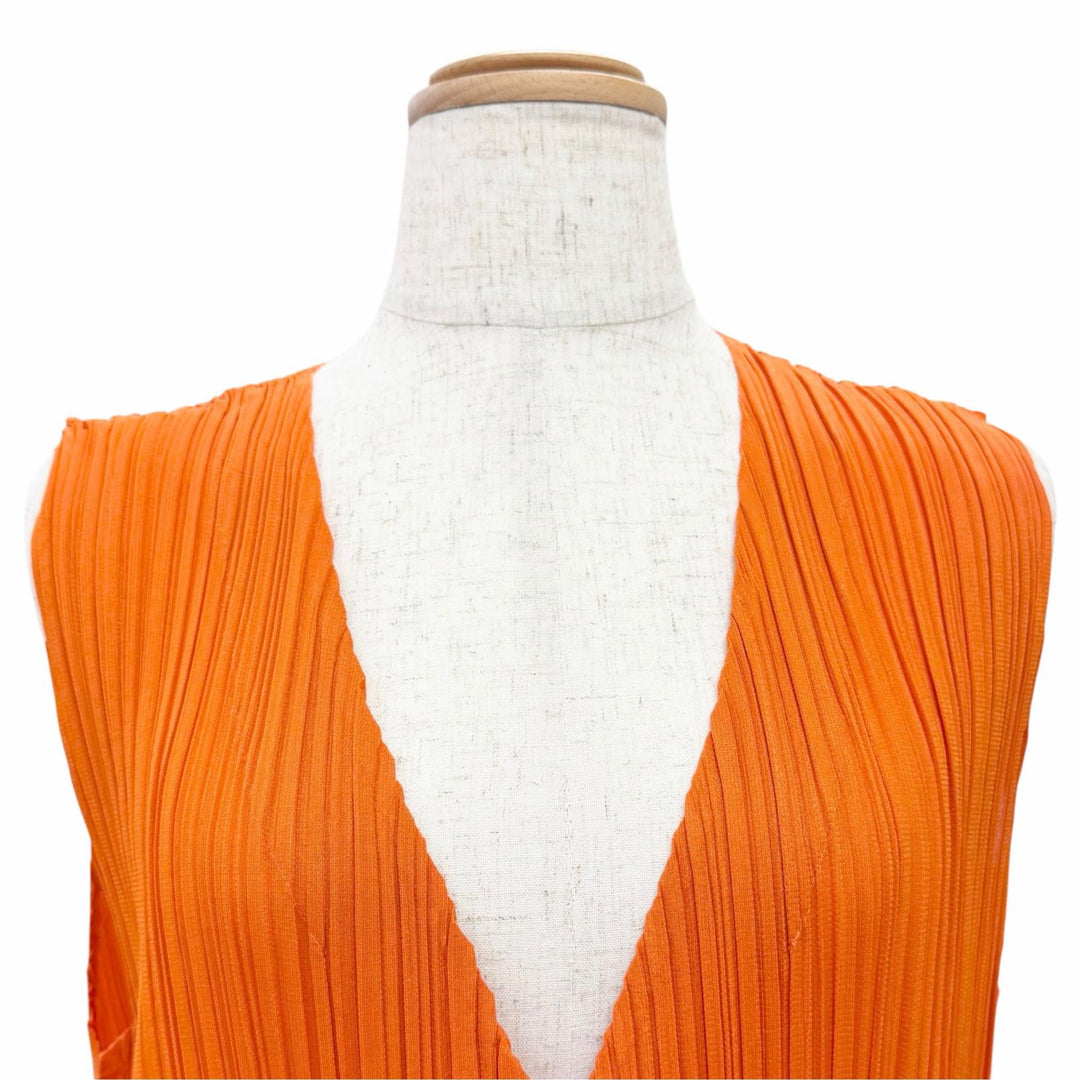 極美品△PLEATS PLEASE プリーツプリーズ イッセイミヤケ PP81-JE204 ロング ジレ ベスト オレンジ 3 日本製 正規品 レディース