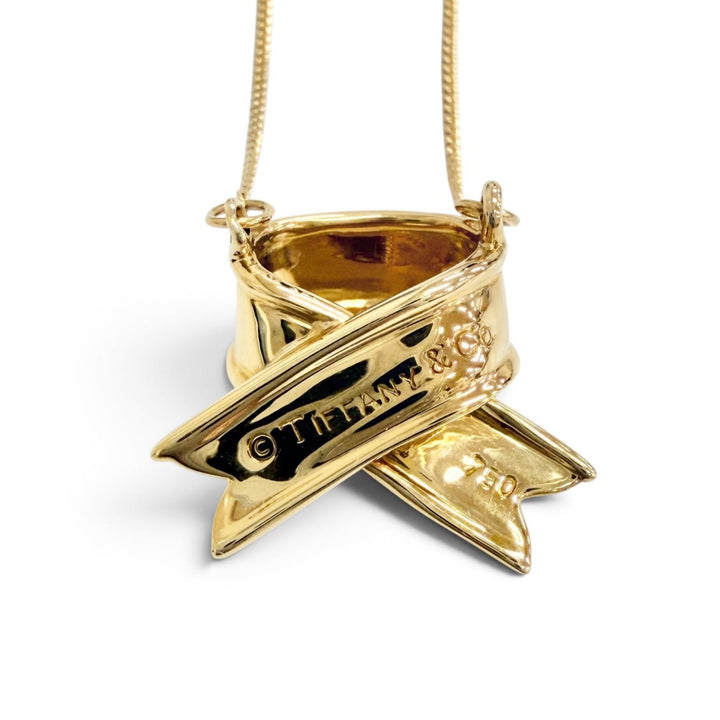 極美品△TIFFANY&amp;Co. ティファニー ヴィンテージ クロスリボンモチーフ ネックレス アクセサリー 750(YG) K18 イエローゴール 重量4.7g