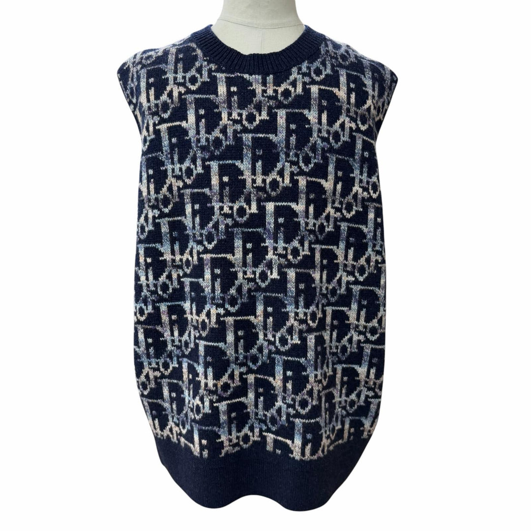 極美品▼DIOR ディオール オム 393M662AT344 ウール100% オブリーク ジャガード ニットベスト ネイビー XXL イタリア製 正規品 メンズ