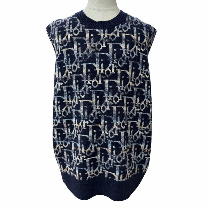 極美品▼DIOR ディオール オム 393M662AT344 ウール100% オブリーク ジャガード ニットベスト ネイビー XXL イタリア製 正規品 メンズ