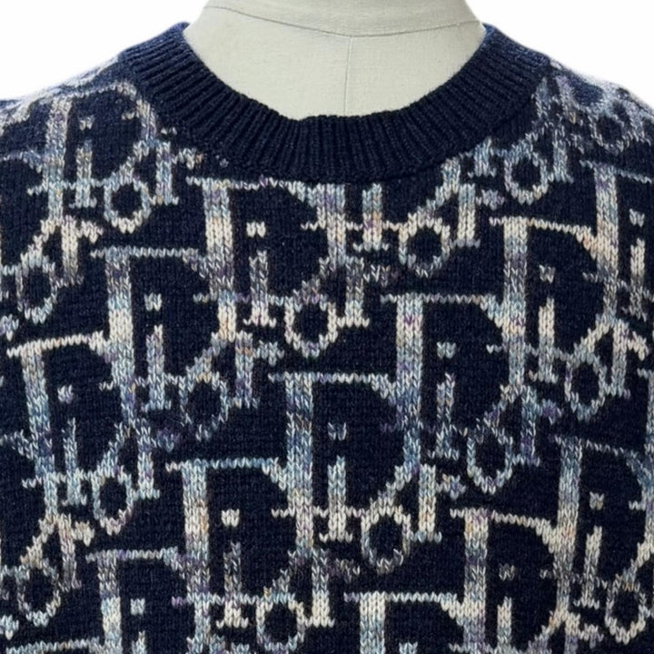 極美品▼DIOR ディオール オム 393M662AT344 ウール100% オブリーク ジャガード ニットベスト ネイビー XXL イタリア製 正規品 メンズ