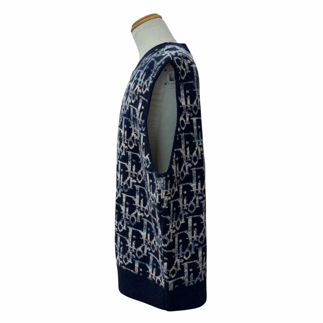 極美品▼DIOR ディオール オム 393M662AT344 ウール100% オブリーク ジャガード ニットベスト ネイビー XXL イタリア製 正規品 メンズ
