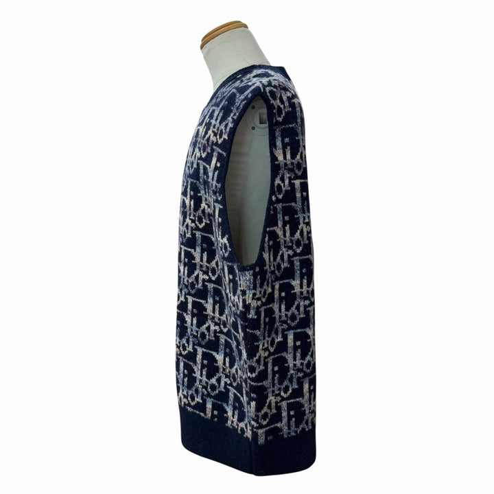 極美品▼DIOR ディオール オム 393M662AT344 ウール100% オブリーク ジャガード ニットベスト ネイビー XXL イタリア製 正規品 メンズ