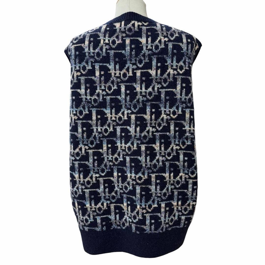 極美品▼DIOR ディオール オム 393M662AT344 ウール100% オブリーク ジャガード ニットベスト ネイビー XXL イタリア製 正規品 メンズ