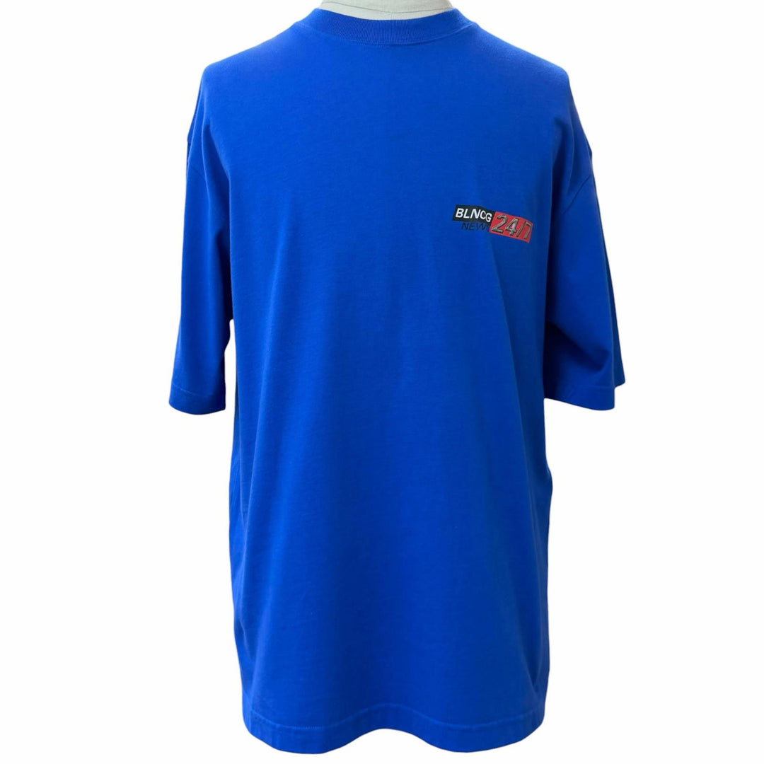 未使用品▼BALENCIAGA バレンシアガ 612966 NEWS Logo Tee コットン ロゴプリント クルーネック 半袖Ｔシャツ ブルー XS 正規品 メンズ