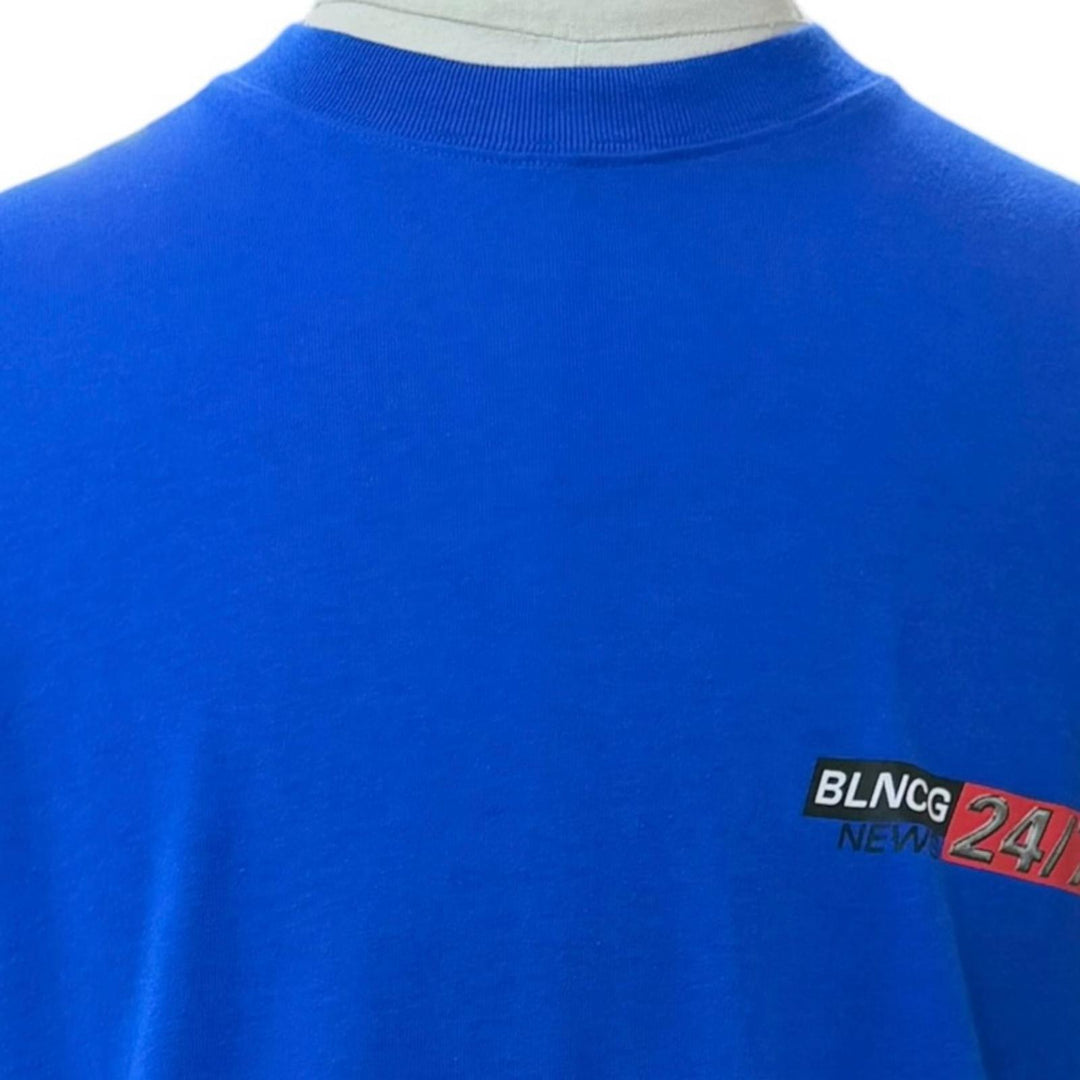 未使用品▼BALENCIAGA バレンシアガ 612966 NEWS Logo Tee コットン ロゴプリント クルーネック 半袖Ｔシャツ ブルー XS 正規品 メンズ