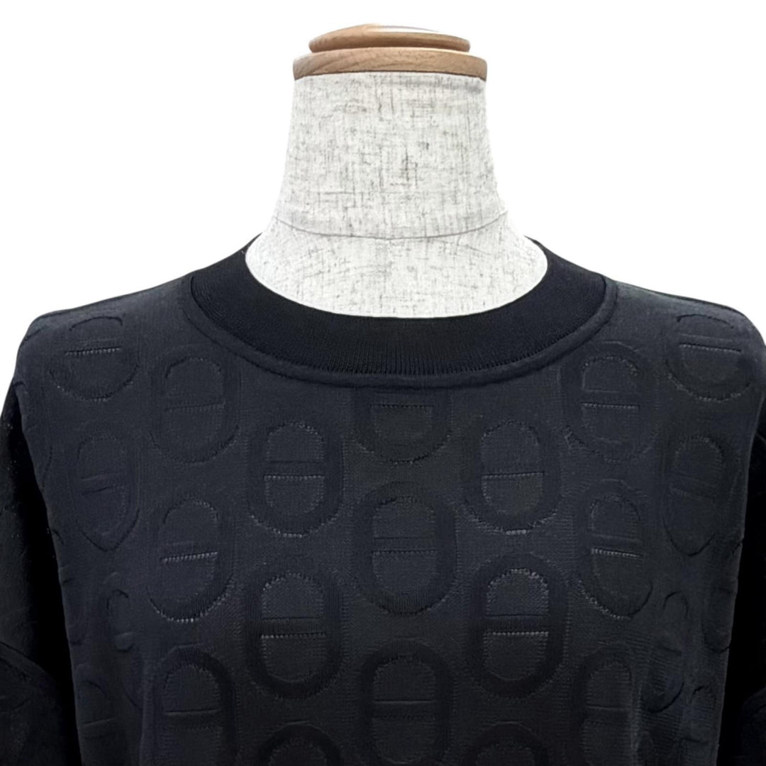 極美品△HERMES エルメス シルク100% シェーヌダンクルデザイン 総柄 半袖ニット トップス ブラック IT 40 イタリア製 レディース