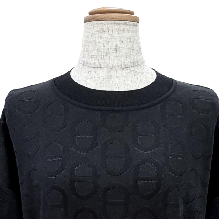 極美品△HERMES エルメス シルク100% シェーヌダンクルデザイン 総柄 半袖ニット トップス ブラック IT 40 イタリア製 レディース