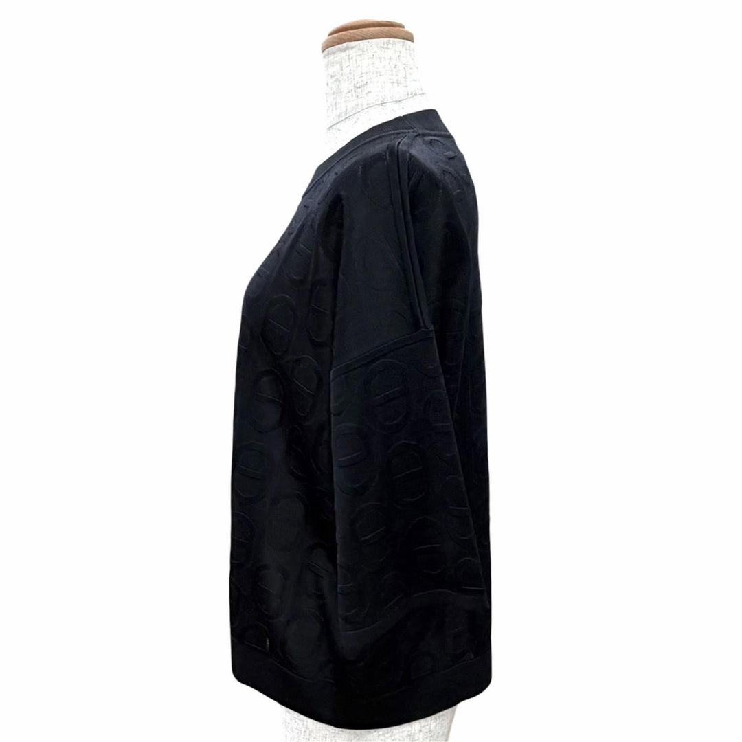 極美品△HERMES エルメス シルク100% シェーヌダンクルデザイン 総柄 半袖ニット トップス ブラック IT 40 イタリア製 レディース