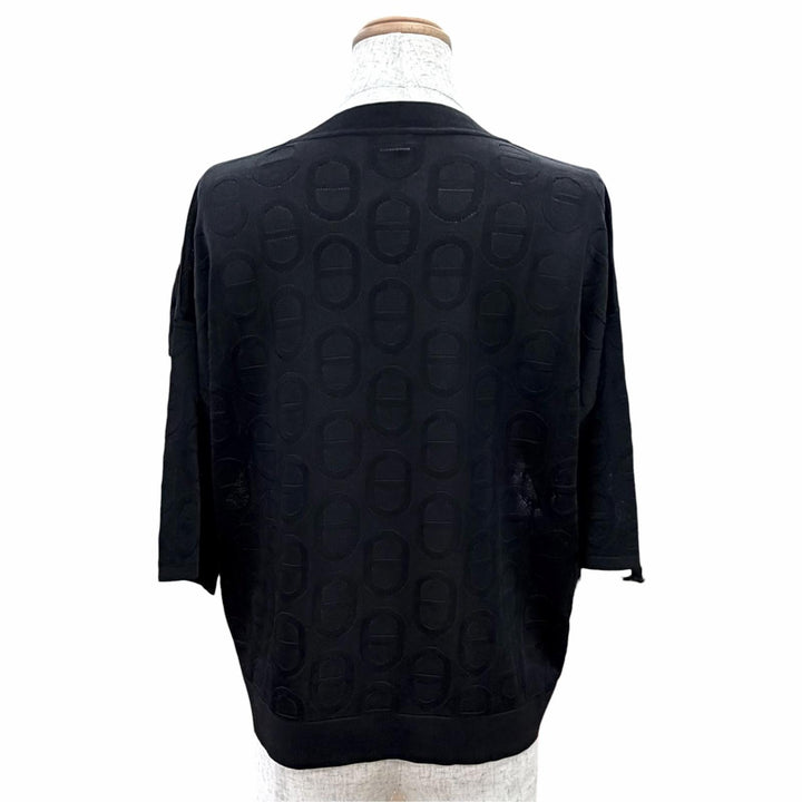 極美品△HERMES エルメス シルク100% シェーヌダンクルデザイン 総柄 半袖ニット トップス ブラック IT 40 イタリア製 レディース