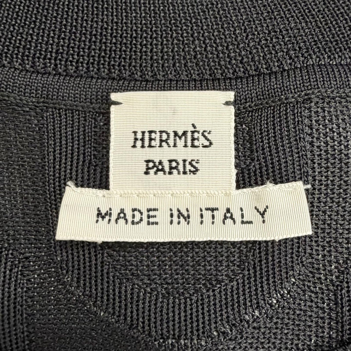 極美品△HERMES エルメス シルク100% シェーヌダンクルデザイン 総柄 半袖ニット トップス ブラック IT 40 イタリア製 レディース