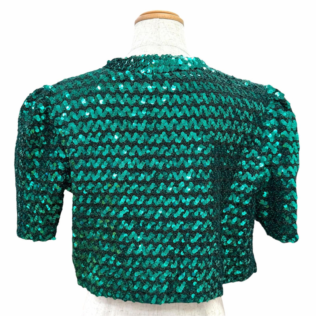 未使用品△GUCCI グッチ 653449 ラメ スパンコール装飾 ノーカラー ボタンレス クロップド ボレロ ジャケット グリーン M イタリア製