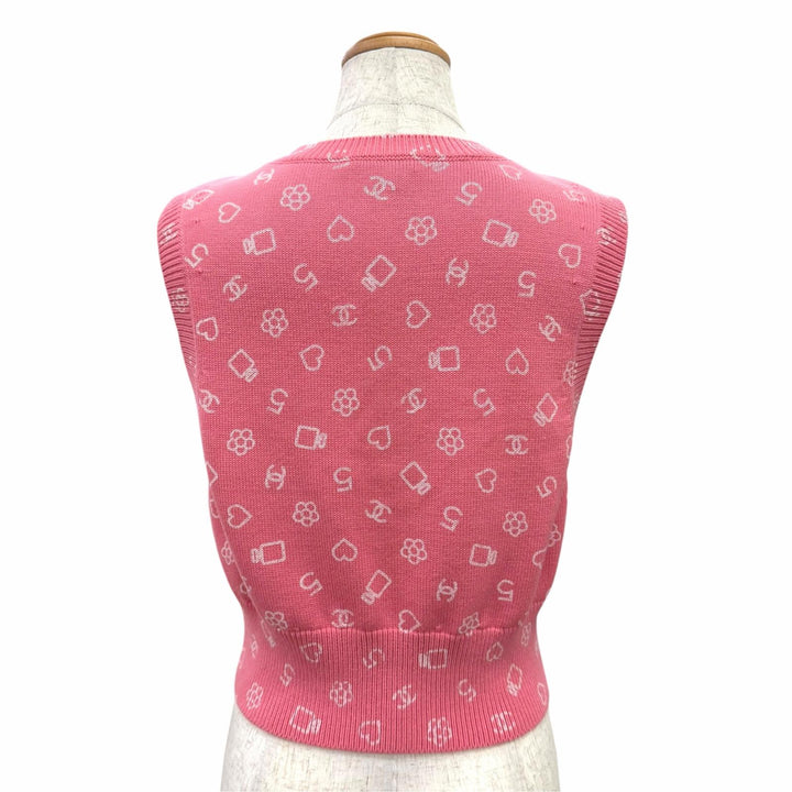 極美品△CHANEL シャネル P74201K10609 コットン ココマーク カメリア 香水ボトル ハート 総柄 Vネック ニットベスト ピンク FR38 正規品
