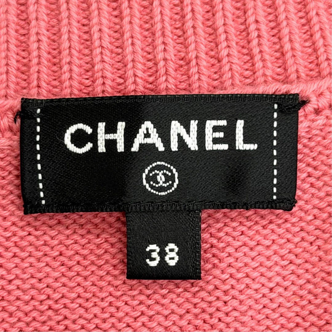 極美品△CHANEL シャネル P74201K10609 コットン ココマーク カメリア 香水ボトル ハート 総柄 Vネック ニットベスト ピンク FR38 正規品