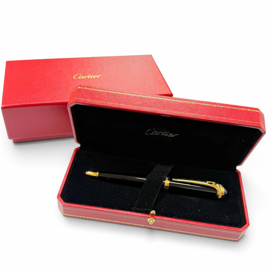 極美品▼Cartier カルティエ R ドゥ カルティエ ブルージェムストーン ツイスト式 ボールペン ブラック ゴールド 仏製 筆記確認済み 箱付