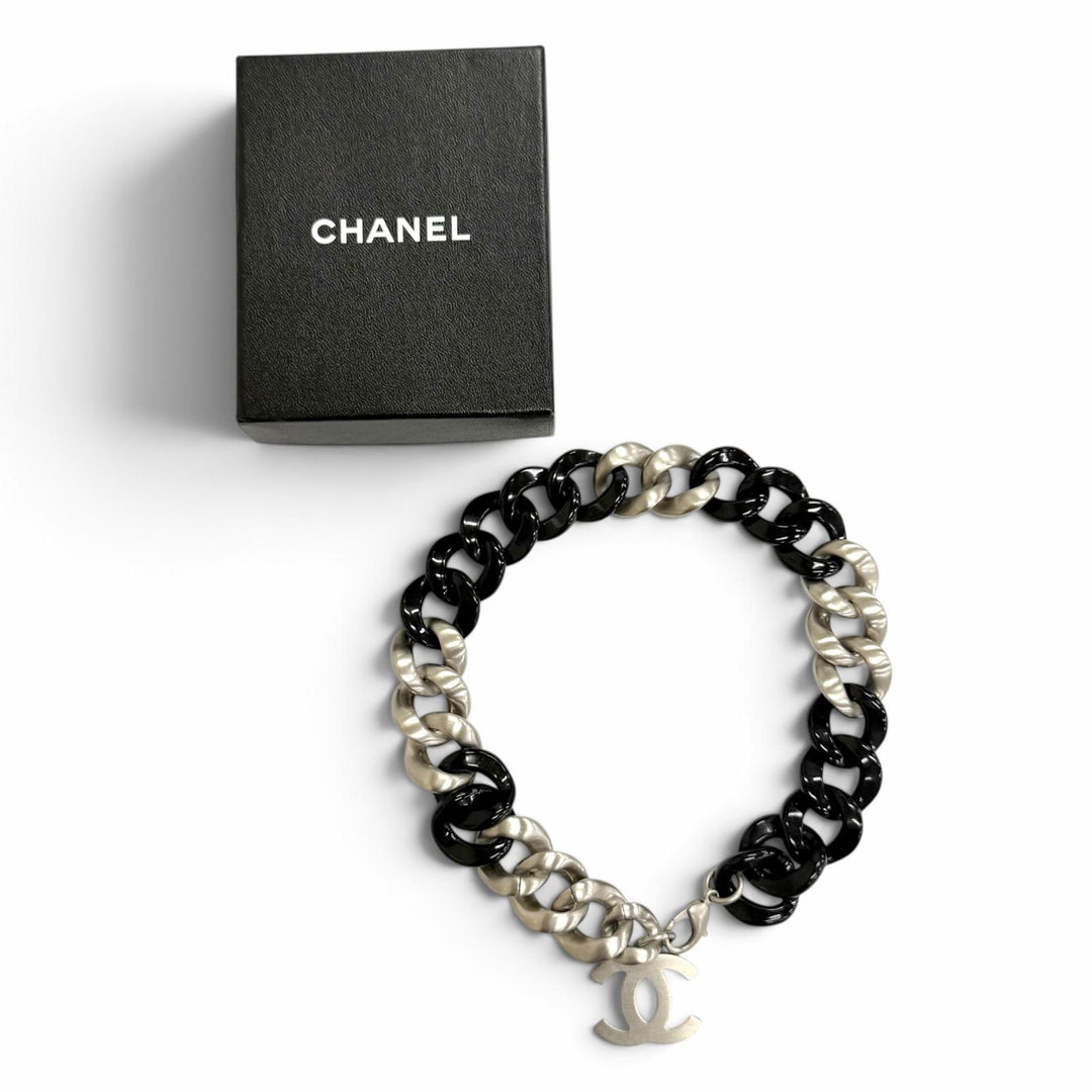 美品△CHANEL シャネル ヴィンテージ 07P ココマーク チェーン チョーカー ネックレス アクセサリー ブラック シルバー イタリア製 箱付