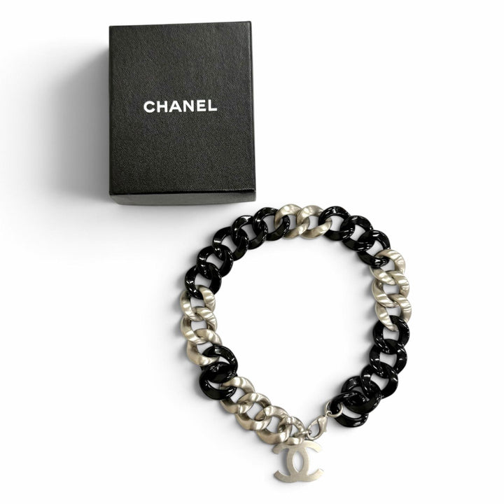 美品△CHANEL シャネル ヴィンテージ 07P ココマーク チェーン チョーカー ネックレス アクセサリー ブラック シルバー イタリア製 箱付