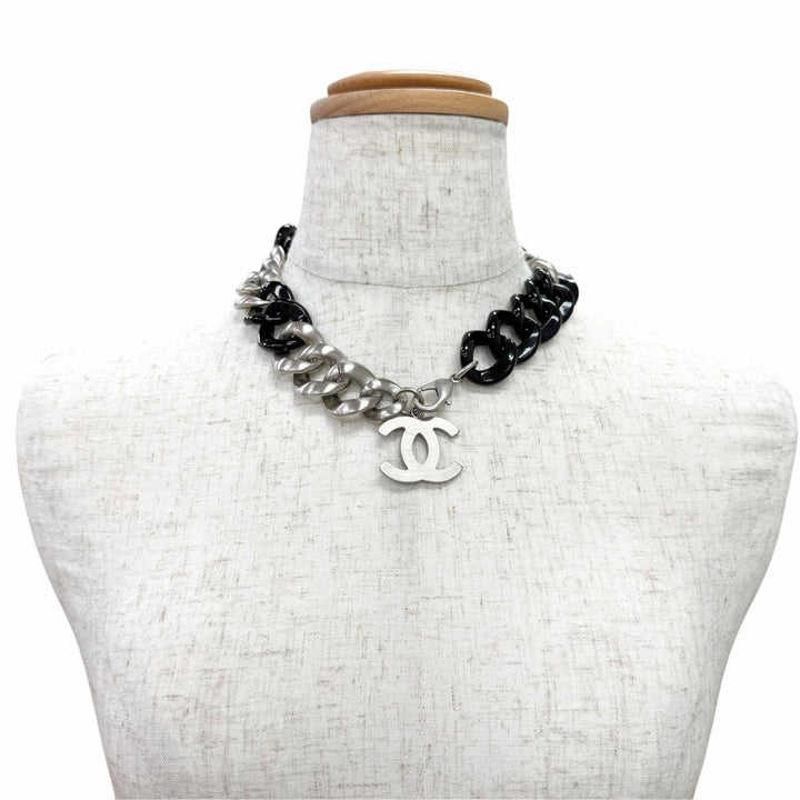 美品△CHANEL シャネル ヴィンテージ 07P ココマーク チェーン チョーカー ネックレス アクセサリー ブラック シルバー イタリア製 箱付