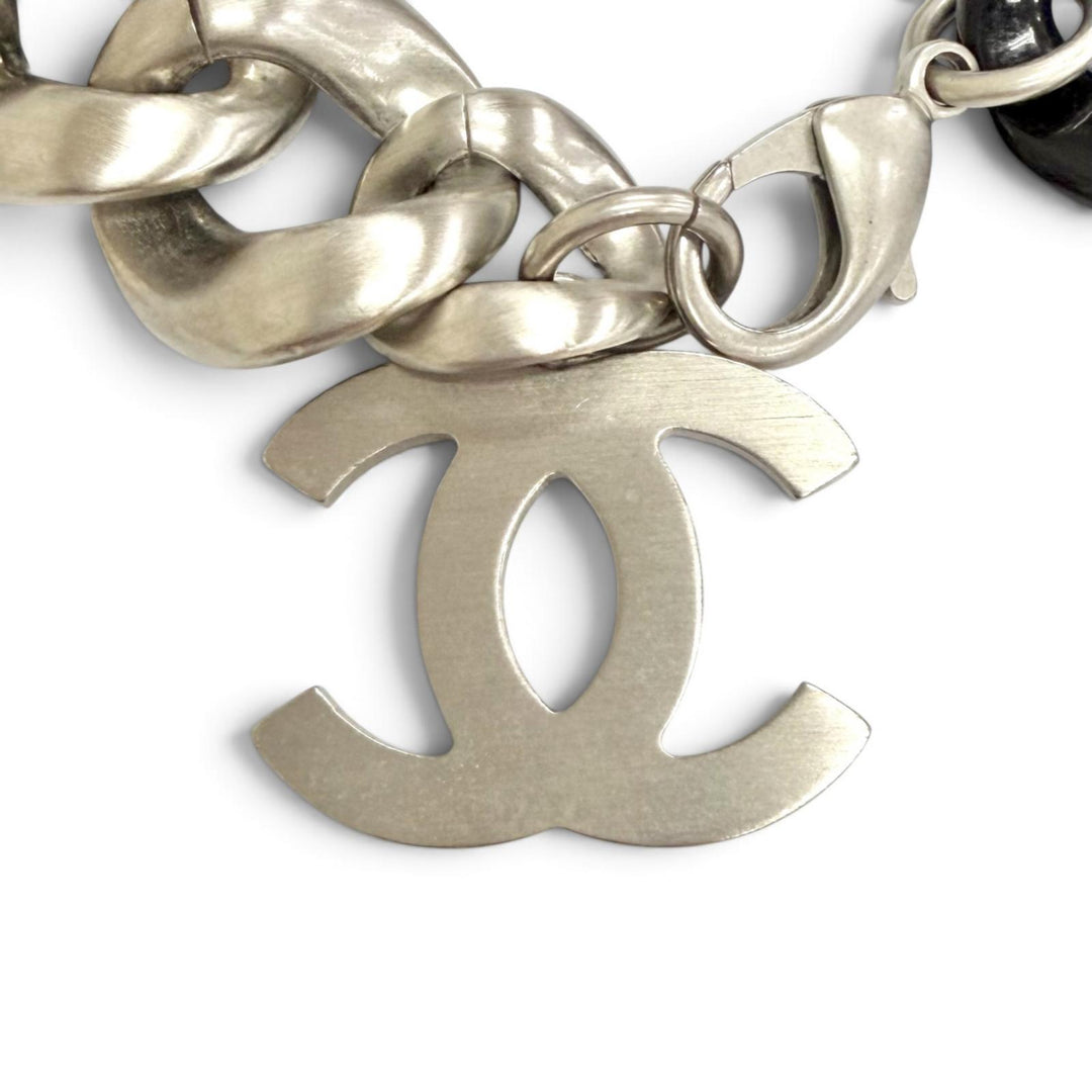 美品△CHANEL シャネル ヴィンテージ 07P ココマーク チェーン チョーカー ネックレス アクセサリー ブラック シルバー イタリア製 箱付