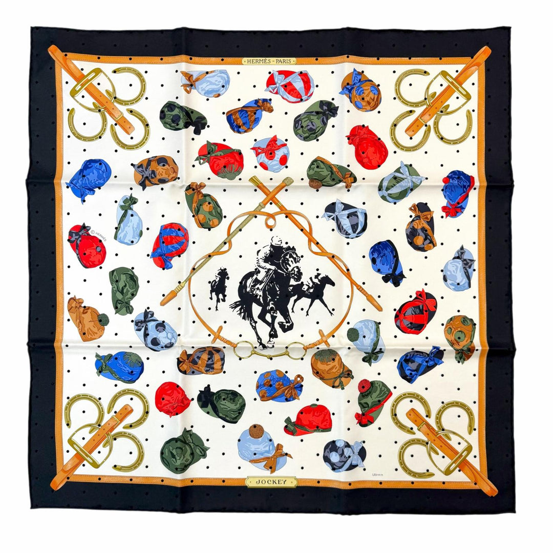 未使用品▼HERMES エルメス カレ 55 JOCKEY ジョッキー シルク100% 現行品 スカーフ ブラック レッド ヴェールロデン 定価122100円 箱付