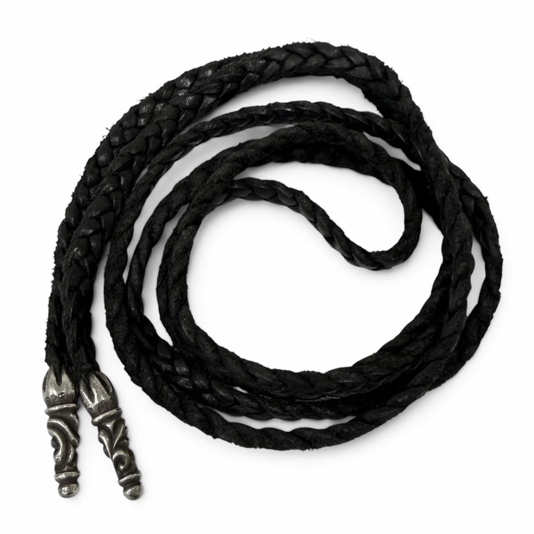 美品□CHROME HEARTS クロムハーツ LEATHER BRAID SCROLL レザー SV925 スクロール ボロチップ ネックレス ブラック シルバー 重量13.5g