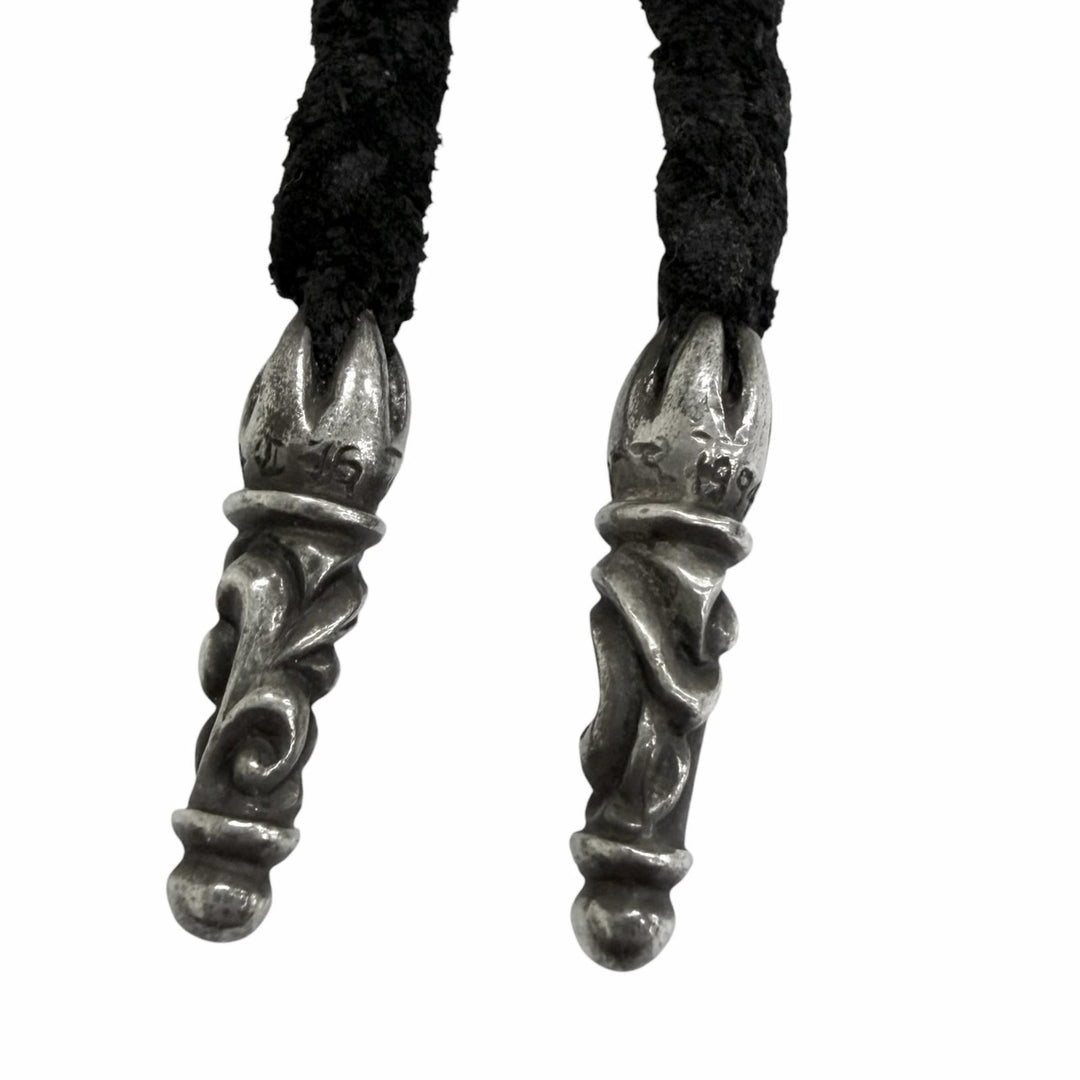 美品□CHROME HEARTS クロムハーツ LEATHER BRAID SCROLL レザー SV925 スクロール ボロチップ ネックレス ブラック シルバー 重量13.5g