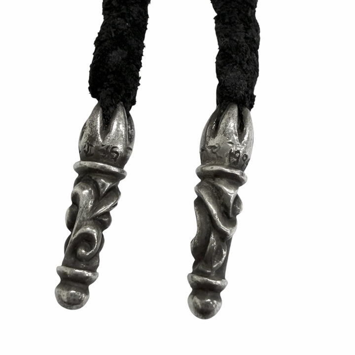 美品□CHROME HEARTS クロムハーツ LEATHER BRAID SCROLL レザー SV925 スクロール ボロチップ ネックレス ブラック シルバー 重量13.5g