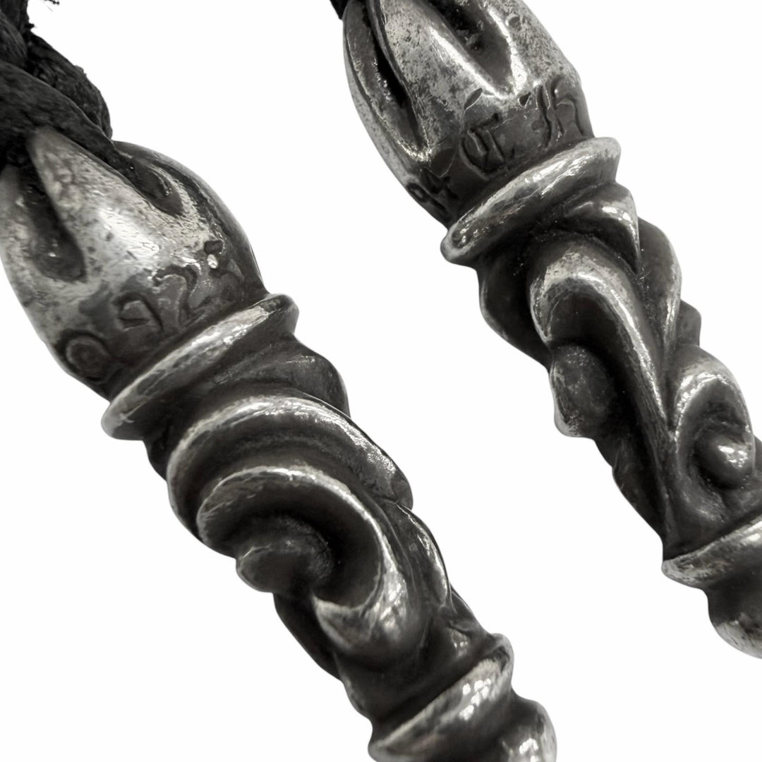 美品□CHROME HEARTS クロムハーツ LEATHER BRAID SCROLL レザー SV925 スクロール ボロチップ ネックレス ブラック シルバー 重量13.5g