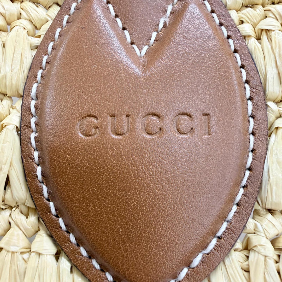 未使用品☆GUCCI グッチ 836506 ポーチ付 GGロゴ ラフィア レザー使い かごバッグ トートバッグ ナチュラル ブラウン イタリア製 保袋付