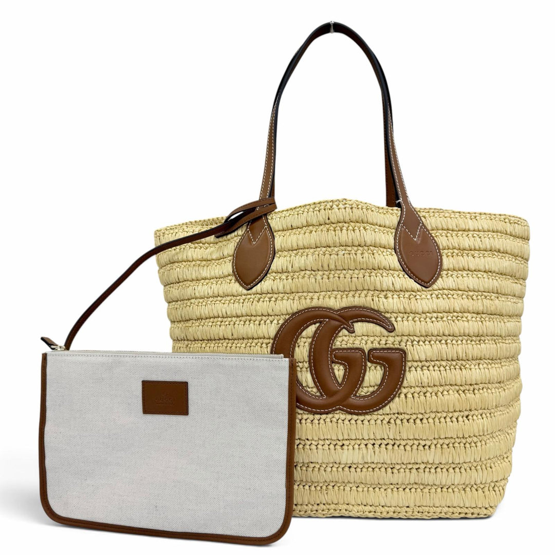 未使用品☆GUCCI グッチ 836506 ポーチ付 GGロゴ ラフィア レザー使い かごバッグ トートバッグ ナチュラル ブラウン イタリア製 保袋付