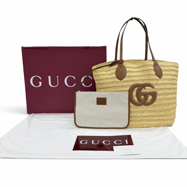 未使用品☆GUCCI グッチ 836506 ポーチ付 GGロゴ ラフィア レザー使い かごバッグ トートバッグ ナチュラル ブラウン イタリア製 保袋付