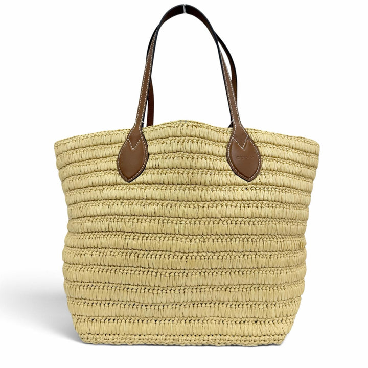 未使用品☆GUCCI グッチ 836506 ポーチ付 GGロゴ ラフィア レザー使い かごバッグ トートバッグ ナチュラル ブラウン イタリア製 保袋付