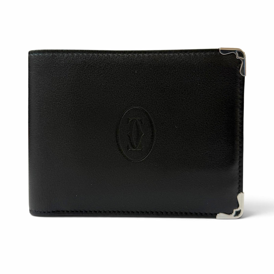 未使用品▼Cartier カルティエ マスト ドゥ カルティエ レザー コンパクトウォレット 二つ折り財布 ブラック シルバー金具 箱・保存袋付