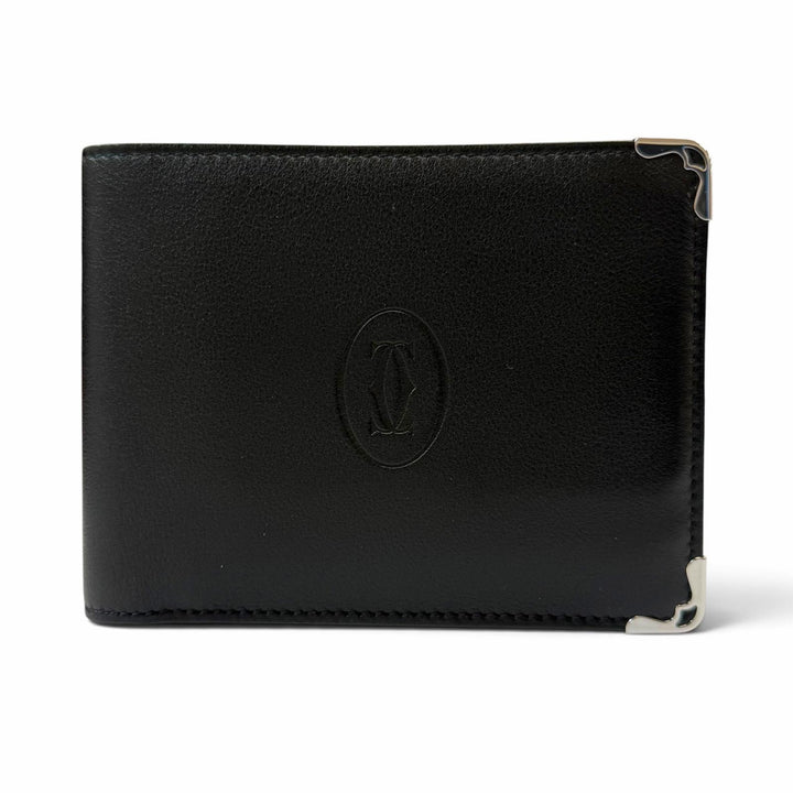 未使用品▼Cartier カルティエ マスト ドゥ カルティエ レザー コンパクトウォレット 二つ折り財布 ブラック シルバー金具 箱・保存袋付