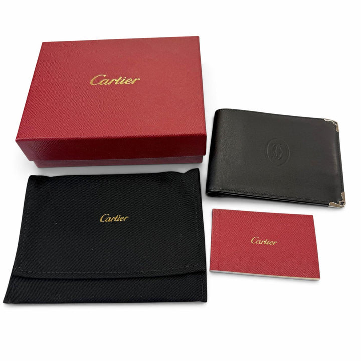 未使用品▼Cartier カルティエ マスト ドゥ カルティエ レザー コンパクトウォレット 二つ折り財布 ブラック シルバー金具 箱・保存袋付
