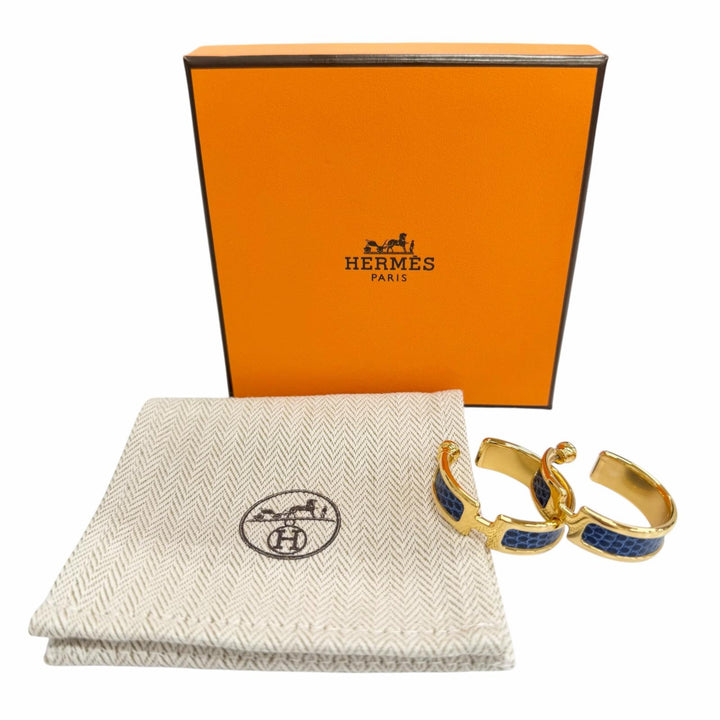 未使用品△HERMES エルメス オランプ GM フープ ピアス リザード ピアス 両耳用 ゴールド ブルー フランス製 レディース 箱・保存袋付き
