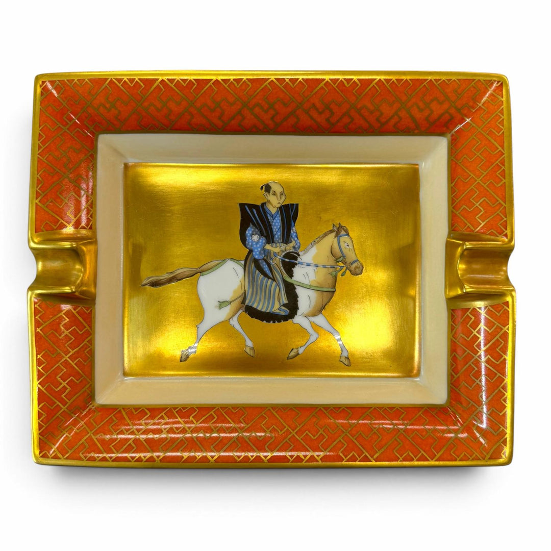 美品▼HERMES エルメス アッシュトレイ 陶器 馬上の武士 サムライ 金箔 灰皿 ゴールド オレンジ フランス製 メンズ