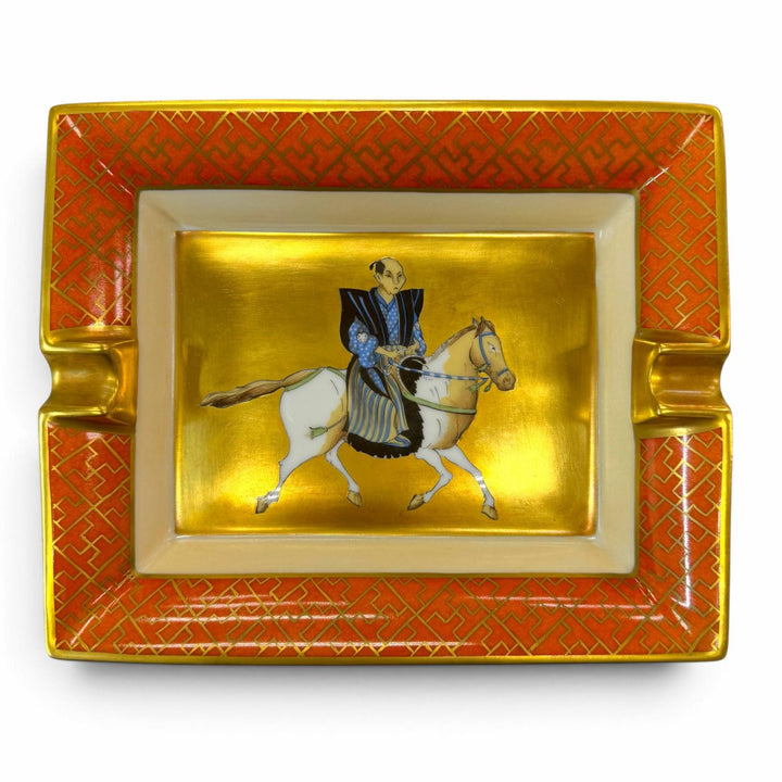 美品▼HERMES エルメス アッシュトレイ 陶器 馬上の武士 サムライ 金箔 灰皿 ゴールド オレンジ フランス製 メンズ