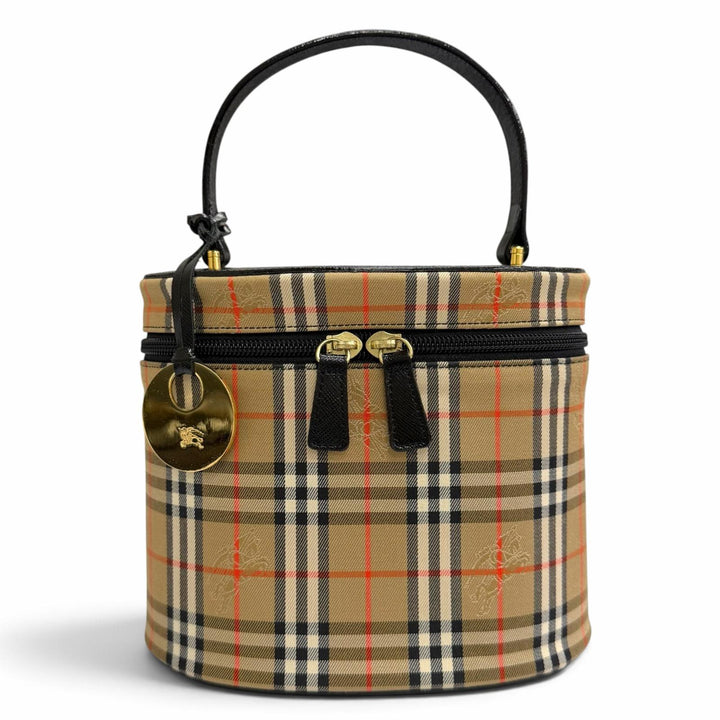 極美品△BURBERRY バーバリー ヴィンテージ レザー使い ノバチェック柄 シャドウホース バニティバッグ ハンドバッグ ベージュ 黒 箱付き