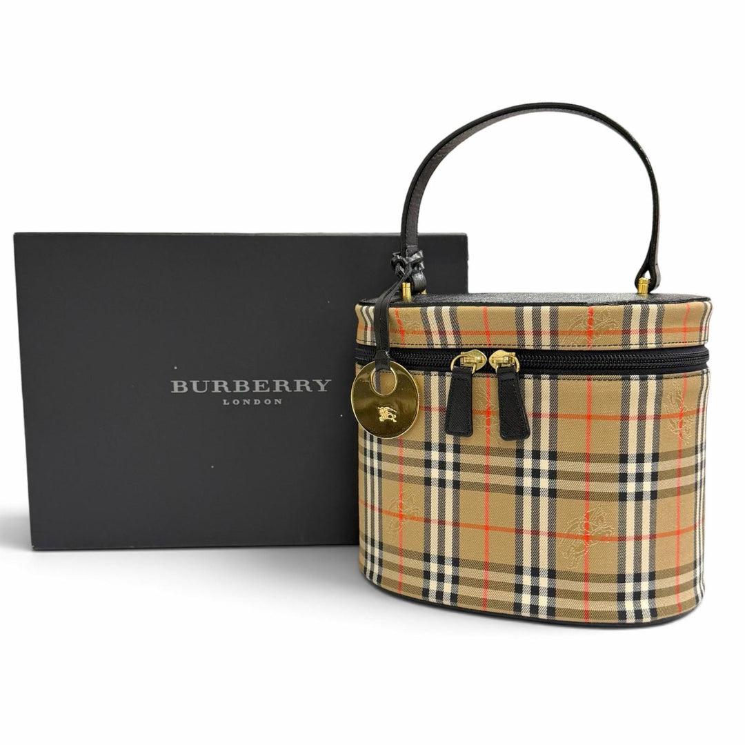 極美品△BURBERRY バーバリー ヴィンテージ レザー使い ノバチェック柄 シャドウホース バニティバッグ ハンドバッグ ベージュ 黒 箱付き