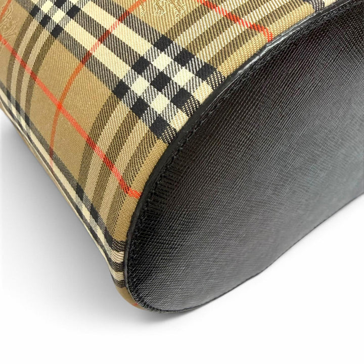 極美品△BURBERRY バーバリー ヴィンテージ レザー使い ノバチェック柄 シャドウホース バニティバッグ ハンドバッグ ベージュ 黒 箱付き