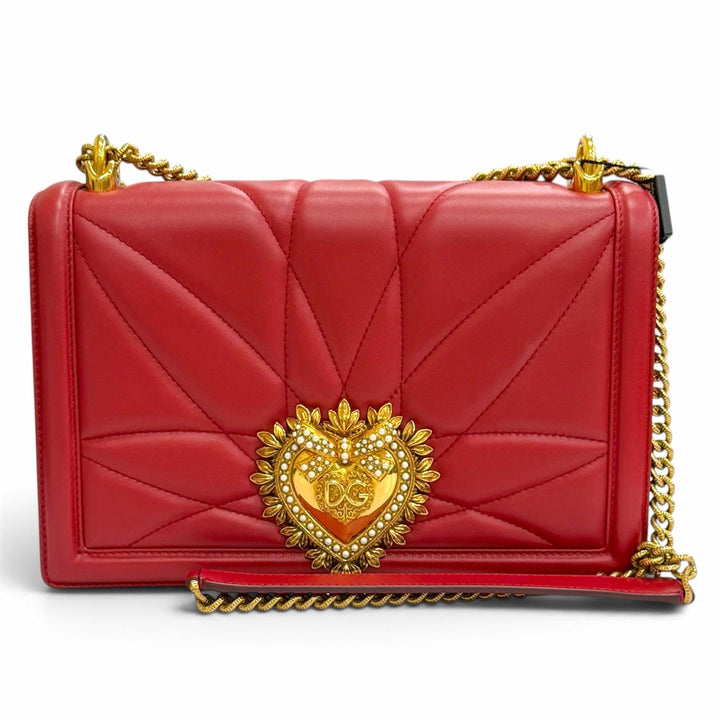 未使用品△DOLCE&amp;GABBANA ドルチェ＆ガッバーナ BB6651 ディヴォーション DGパールロゴ ハート レザー チェーン ショルダーバッグ レッド