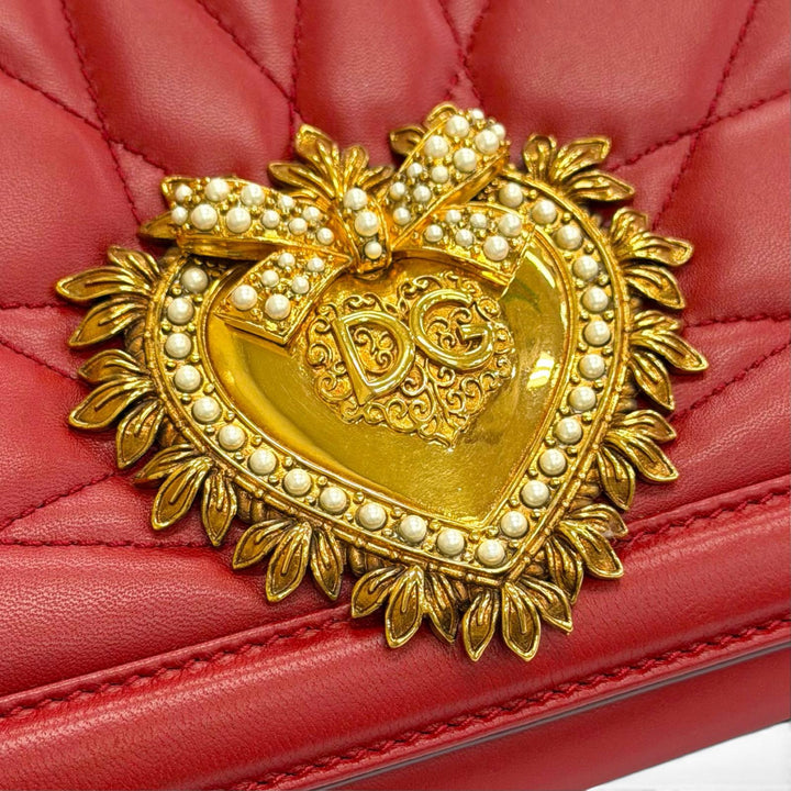 未使用品△DOLCE&amp;GABBANA ドルチェ＆ガッバーナ BB6651 ディヴォーション DGパールロゴ ハート レザー チェーン ショルダーバッグ レッド