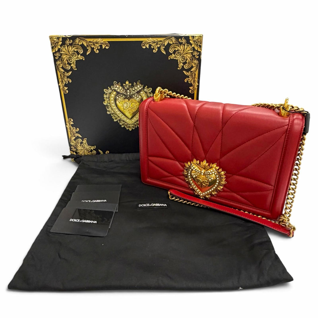 未使用品△DOLCE&amp;GABBANA ドルチェ＆ガッバーナ BB6651 ディヴォーション DGパールロゴ ハート レザー チェーン ショルダーバッグ レッド