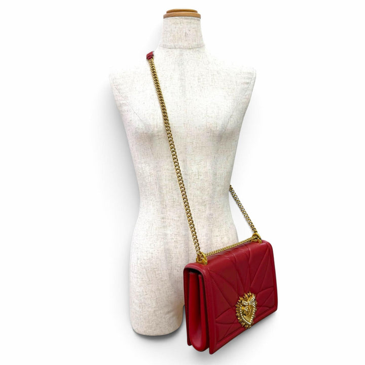 未使用品△DOLCE&amp;GABBANA ドルチェ＆ガッバーナ BB6651 ディヴォーション DGパールロゴ ハート レザー チェーン ショルダーバッグ レッド