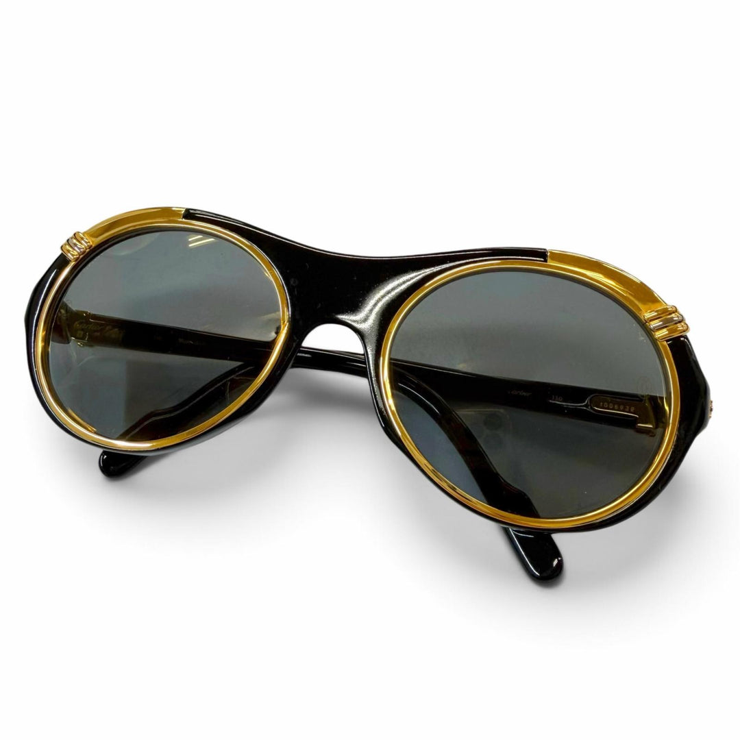 美品▼Cartier カルティエ ヴィンテージ ディアボロ ロゴ金具付 アイウェア サングラス ブラック ゴールド 53□21 130 度なし フランス製