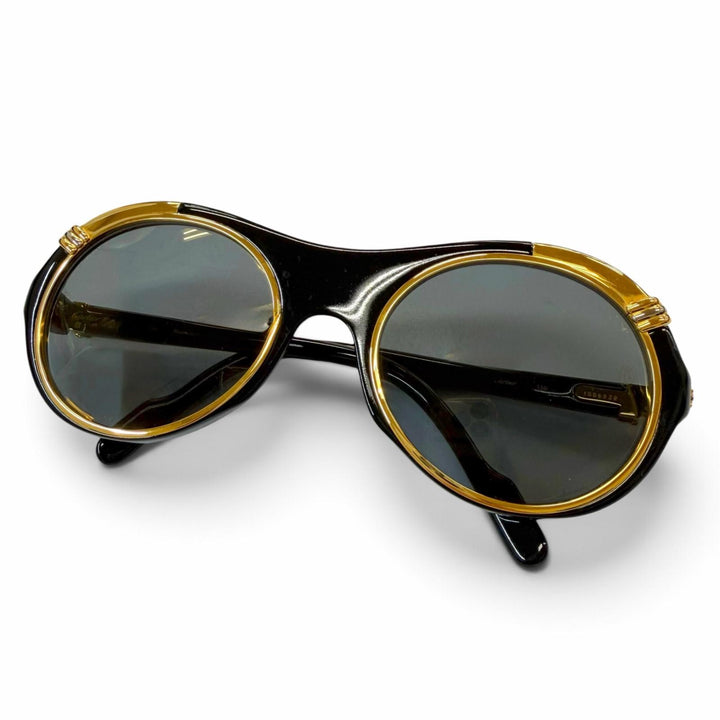 美品▼Cartier カルティエ ヴィンテージ ディアボロ ロゴ金具付 アイウェア サングラス ブラック ゴールド 53□21 130 度なし フランス製