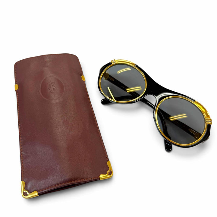 美品▼Cartier カルティエ ヴィンテージ ディアボロ ロゴ金具付 アイウェア サングラス ブラック ゴールド 53□21 130 度なし フランス製