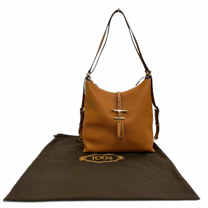 極美品☆TOD’S トッズ T タイムレス レザー ショルダー バッグ スモール ハンドバッグ バックパック ブラウン ゴールド金具 保存袋付き